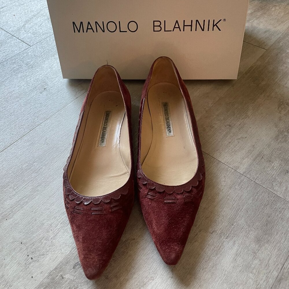 Vintage Burgundy Velour Manolo Blahnik Pointed Toe Flats